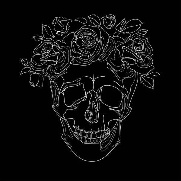 Calavera Humana Flor Línea Corona Dibujo Arte Sobre Fondo Negro — Archivo Imágenes Vectoriales