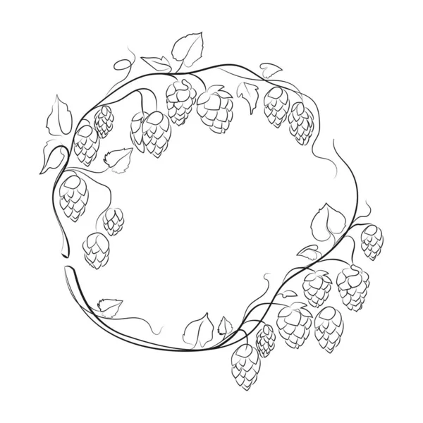 Hopfen Rundrahmen Kranz Zweige Mit Blättern Zapfen Schwarz Und Weiß — Stockvektor