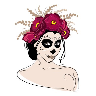Kafasında şeker kafatası makyajı ve çiçek çelengi olan kadın yüzü. Poster için Calavera Catrina, kart amblemi tasarım vektör çizimi izole edildi. Dia de los Muertos, Meksika Ölüler Günü, Cadılar Bayramı