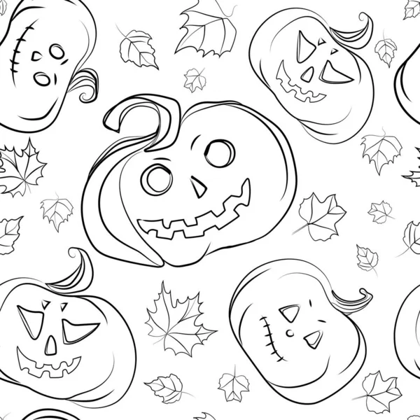 Halloween Pumpkins Seamless Pattern Line Drawing Black White Vector Illustration — Stock Vector