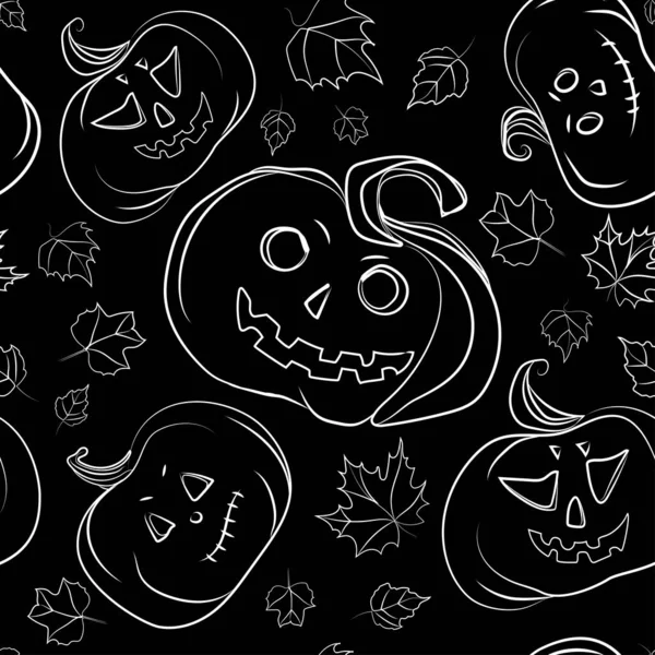 Halloween Kürbisse Nahtlose Muster Zeichenkunst Zeichnung Skizze Auf Schwarzem Hintergrund — Stockvektor