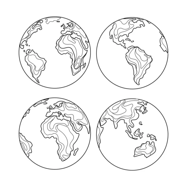 地球行星矢量草图集图解 抽象艺术地球全球收集标志 横幅孤立在白色背景 世界地图的线路图 — 图库矢量图片