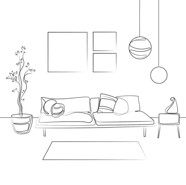 现代客厅室内插图矢量黑白草图插图 休闲的地方 有沙发和枕头 墙上的画 线条画 — 图库矢量图片