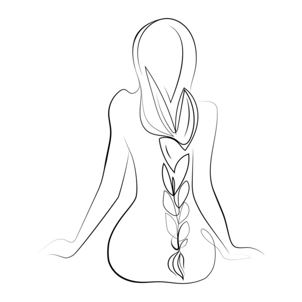 Minimal Line Art Jeune Femme Avec Longs Cheveux Tressés Vue — Image vectorielle