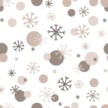 Kara kar taneleri arka planda. Beyaz arka planda gri ve bej kar taneleri olan mükemmel bir Noel örneği. Kış tatili dokusu. Dekor, duvar kağıdı, ambalaj, web sitesi için tasarımı tekrarla