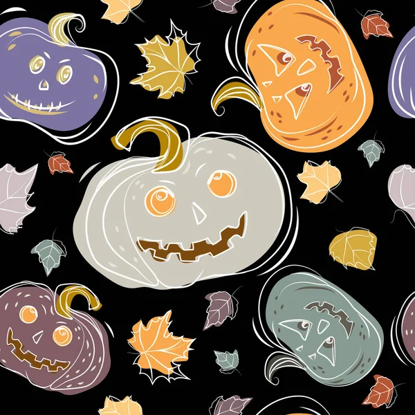 Halloween Naadloos Patroon Met Pompoenen Lantaarns Herfst Bladeren Van Verschillende — Stockvector