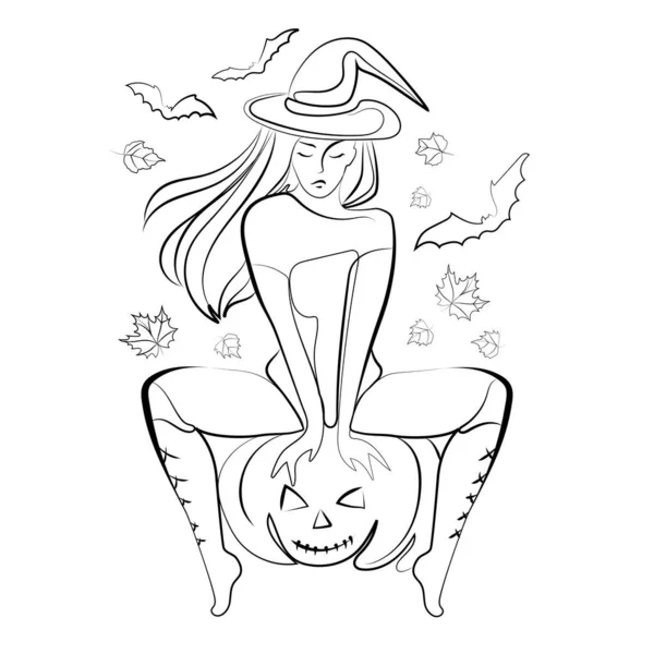 Witch Witch Hat Sitting Halloween Pumpkin Lantern Vector Line Art — стоковый вектор