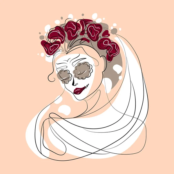 Woman Face Flower Wreath Sugar Skull Makeup Vector Minimal Art — Stock Vector