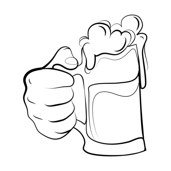Erkek elinde köpük çizgi amblemi olan bir bira bardağı, logo şablon tasarım vektör çizimi. Elinde bir bardak bira, elinde beyaz çizim, ağ silueti, poster, bira partisi zamanı için davetiye..
