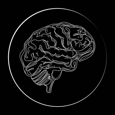 İnsan beyni çizim hattı vektör logosu, amblemi, simge şablonu. Siyah arka plan, siyah ve beyaz sektör üzerine çizim yapan yuvarlak elli beyin. İnsan organları.