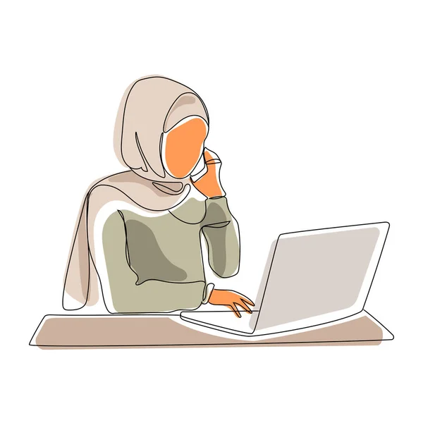 Muslimská Žena Hidžábu Používá Notebook Mluví Telefonu Minimalistické Liniové Vektorové — Stockový vektor
