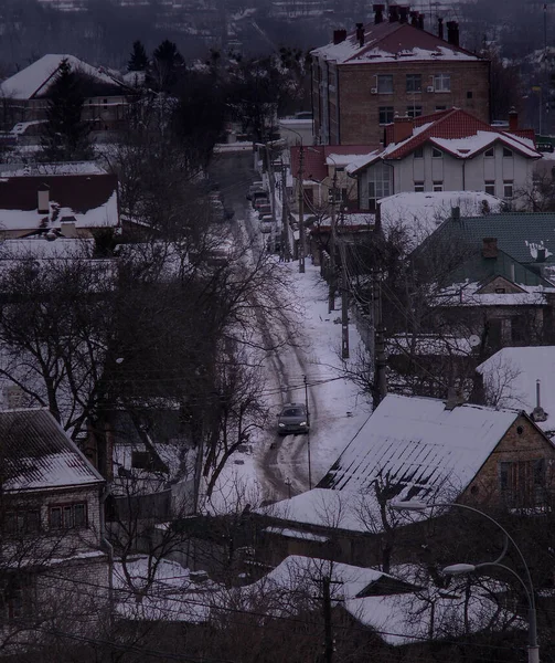 Winter Cityscape Street Car Top View — стоковое фото