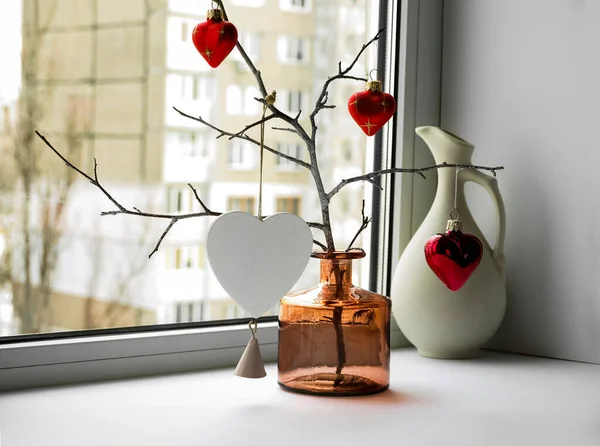 Composição Decorativa Para Dia Dos Namorados Peitoril Janela — Fotografia de Stock