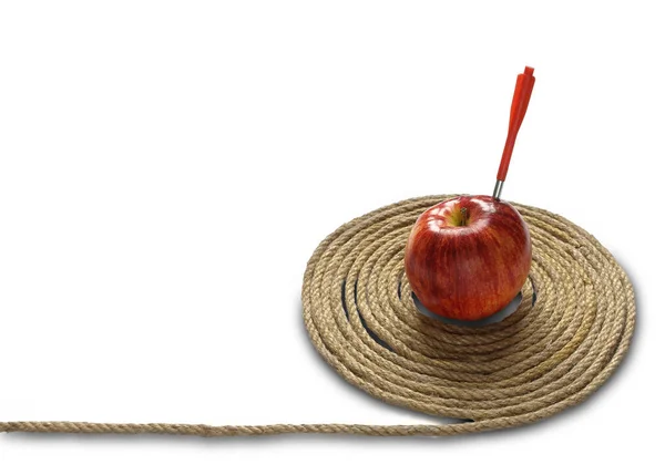 Σχοινί Στόχος Και Κόκκινο Μήλο Βέλος Λευκό Φόντο — Φωτογραφία Αρχείου