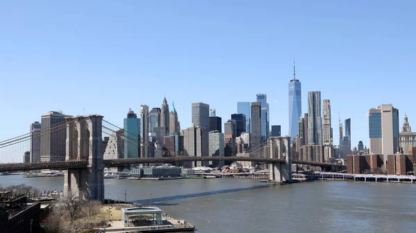 Панорама Нью Йорка Бруклинского Моста Солнечный День — стоковое фото