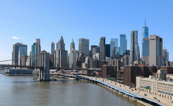Panorama of New York from the Brooklyn Bridge on a sunny day