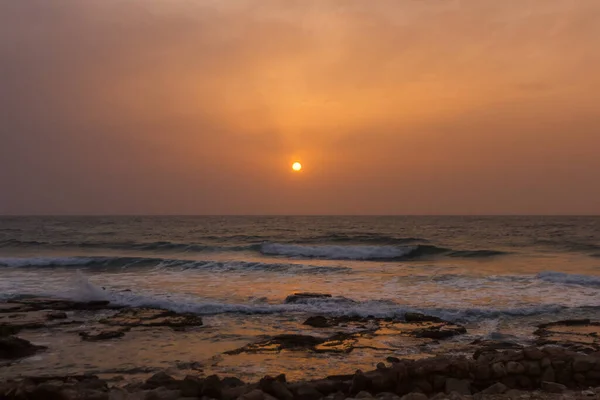 Foggy Sunset Beach Haifa — Stock Photo, Image