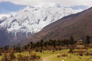 Himalayalar 'ın Manaslu bölgesindeki vadi ve dağ tepeleri manzaralı.