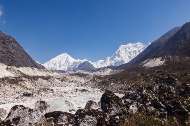 Himalayalar 'ın Manaslu bölgesindeki karlı dağ zirvelerinin manzarası