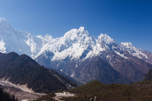 Snowy mountain peaks in the Himalayas Manaslu region