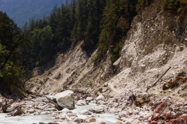 Himalayalar 'ın aşağısındaki kayalık nehir yatağı.