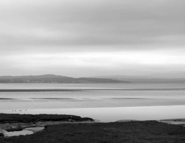 Monochrome Atmospheric View Coast Grange Sands Cumbria Grass Covered Wetland — Stockfoto