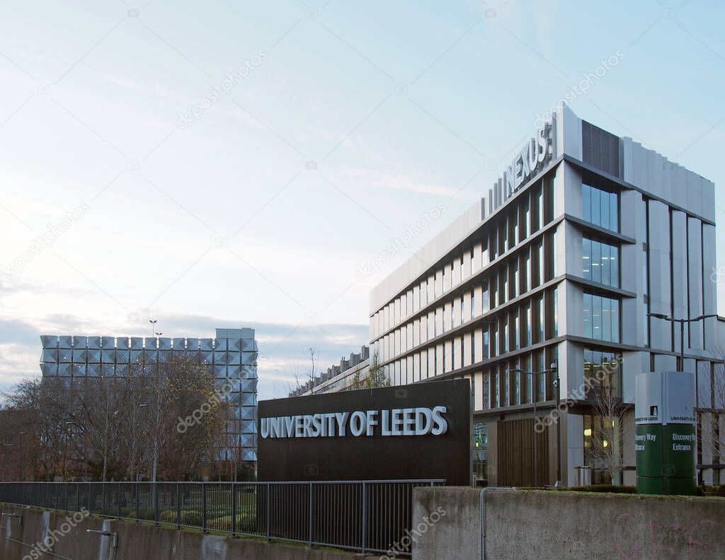 Leeds, west yorkshire, united kingdom - 17 december 2021: the nexus business building and sign at the entrance to the campus at the university of leeds