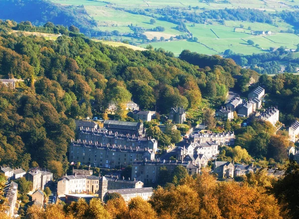 Vista Aérea Ciudad Hebden Puente Oeste Yorkshire Otoño Luz Del —  Fotos de Stock