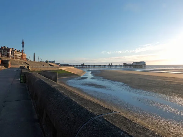 Widok Wieży Blackpool Południowego Molo Promenady Budynków Miejskich Popołudniowym Świetle — Zdjęcie stockowe