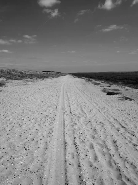 Monochrome Straight Long Dry Sand Road Tire Tracks Footprints Extending — Stockfoto