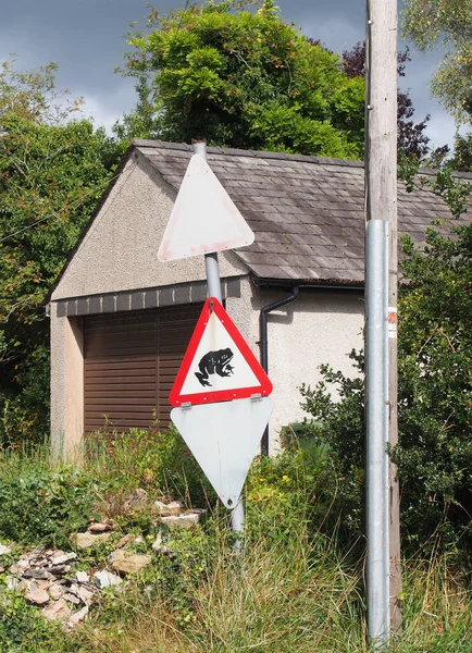 a triangular toad crossing traffic warning sign on a country road in cumbria