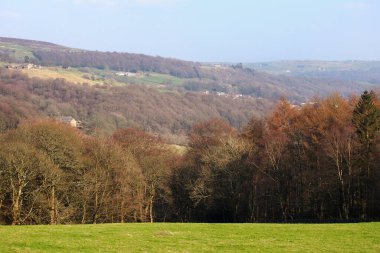 Hebden Köprüsü 'nün üstündeki Calder Vadisi' nin manzarası. Sonbahar ormanları ve Pennine tepeleriyle Mytholmroyd 'a bakıyor.