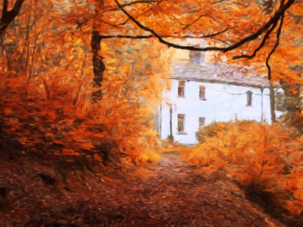 Цифровая Живопись Маслом Белого Окрашенного Коттеджа Окружении Красивых Осенних Деревьев — стоковое фото