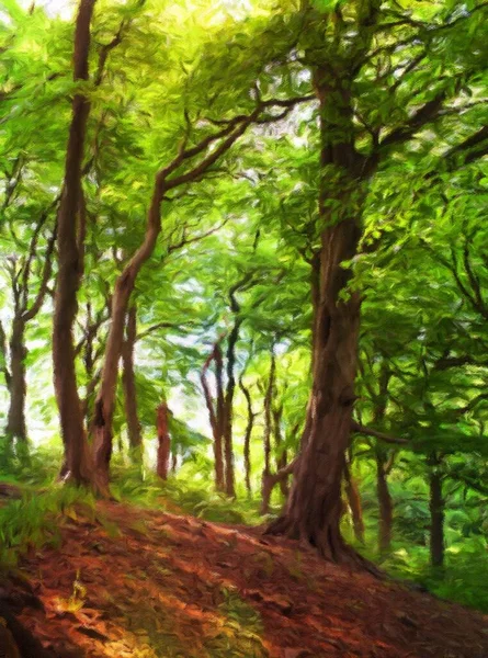 Digitální Impresionistická Malba Zalesněné Krajiny Vysokými Lesními Buky Pulzujícími Zelenými — Stock fotografie