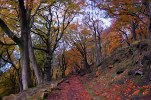 Cyfrowy Impresjonistyczny Styl Malowania Chodnika Obok Mchu Pokrytego Kamieniami Jesiennym — Zdjęcie stockowe
