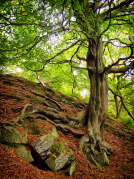 Cyfrowy Styl Obraz Olejny Słoneczne Lato Drzewa Leśnego Otoczony Głazami — Zdjęcie stockowe