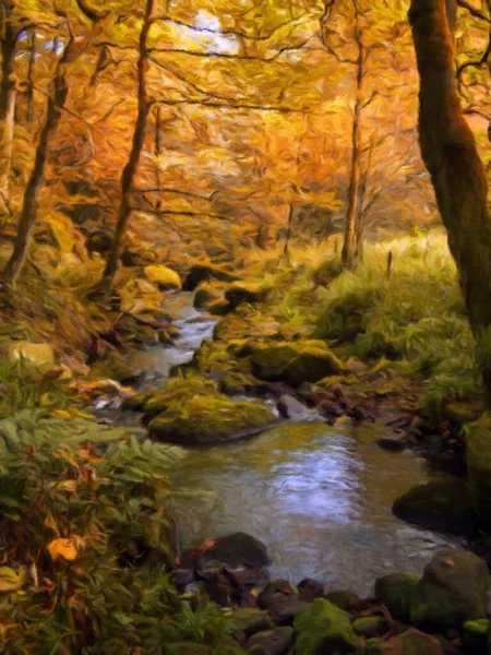 Pintura Óleo Estilo Digital Bosque Otoño Oro Con Árboles Bosque — Foto de Stock