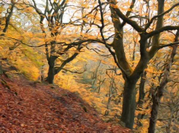 Digital Painting Autumn Beech Forest Path Steep Hillside Yellow Foliage — Stock Photo, Image