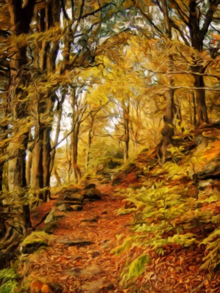 Cyfrowe Malowanie Olejne Leśnej Ścieżki Leśnej Lub Szlaku Jesiennym Lesie — Zdjęcie stockowe