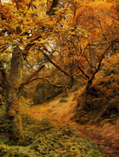 Cyfrowy Obraz Olejny Jesiennej Ciemnej Ścieżki Leśnej Złotymi Kolorami Jesieni — Zdjęcie stockowe