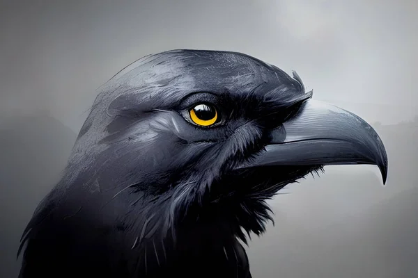 Portrait Black Crow Profile Misty Twilight Mountain Landscape — Stock Photo, Image