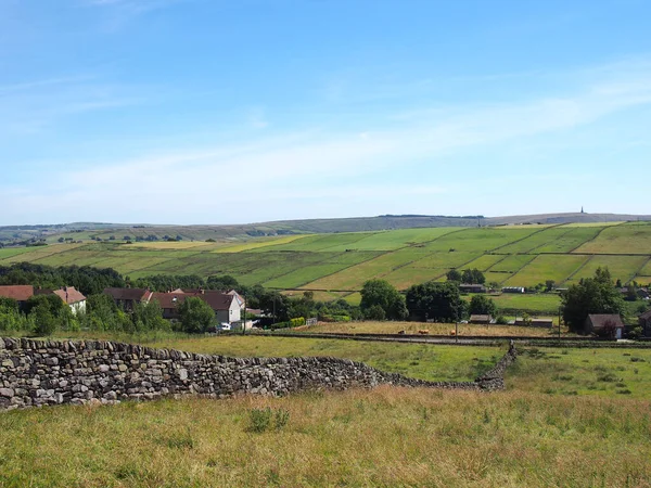 Vista Campo Oeste Yorkshire Com Prados Verão Cobertos Grama Fazendas — Fotografia de Stock