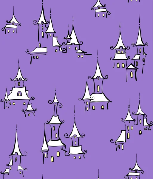 Violet seamless pattern with town — Stock Vector