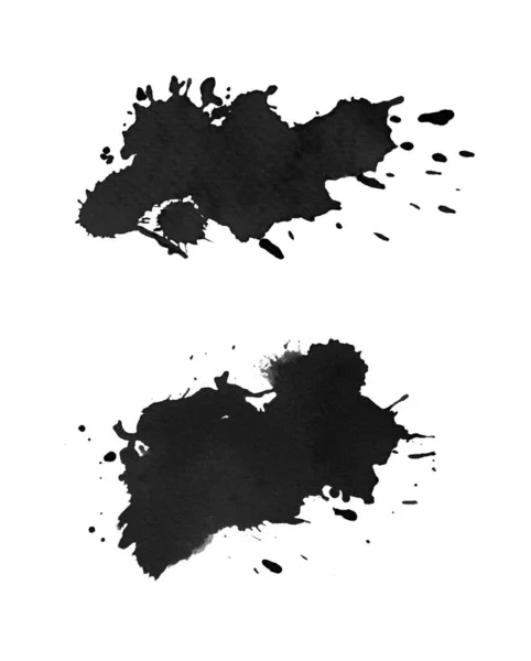 Zwarte aquarelvlek met druppels, spatten, druppels — Stockfoto