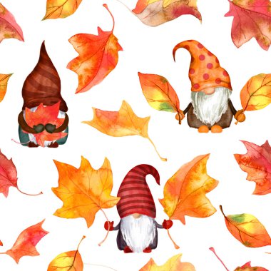 Gnomes, autumn leaves watercolor seamless pattern. Scandinavian dwarfs in pointed hats in fall. Cute repeating background clipart