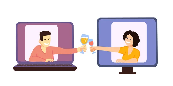 Pessoas em comunicação distante em data virtual, festa de álcool. Cheers on-line em reunião internet. Homem e mulher conversam em seus monitores de computador. Vetor — Vetor de Stock
