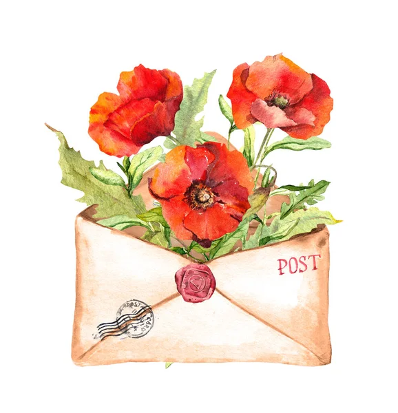 Gealterter Briefumschlag mit roten Mohnblumen und Briefmarken. Aquarell für den Tag des Gedenkens — Stockfoto