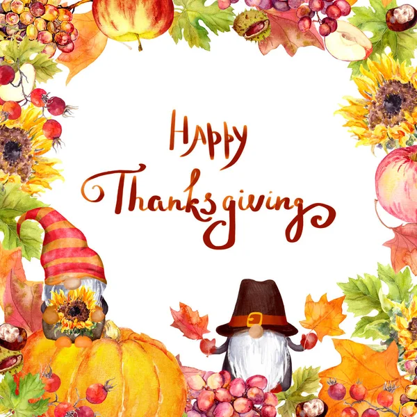 Şükran Günü kartı - cüceler, balkabağı, çiçekler, meyve ve sebzeler, sonbahar yaprakları. Şükran Günü için suluboya kartpostal ve el yazısıyla yazılmış bir yazı. Mutlu Şükran Günleri.