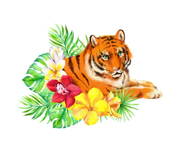 Tigre no buquê de aquarela da selva. Animal gato selvagem - símbolo do Ano Novo Chinês 2020 — Fotografia de Stock