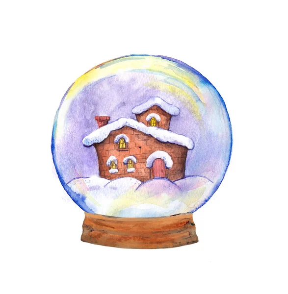 Casa de inverno no globo de neve de Natal. Bola aquarela, neve, globo com paisagem xmas — Fotografia de Stock